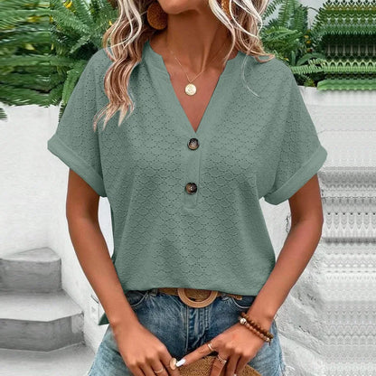 Relaxed V-Neck Button-Up Top